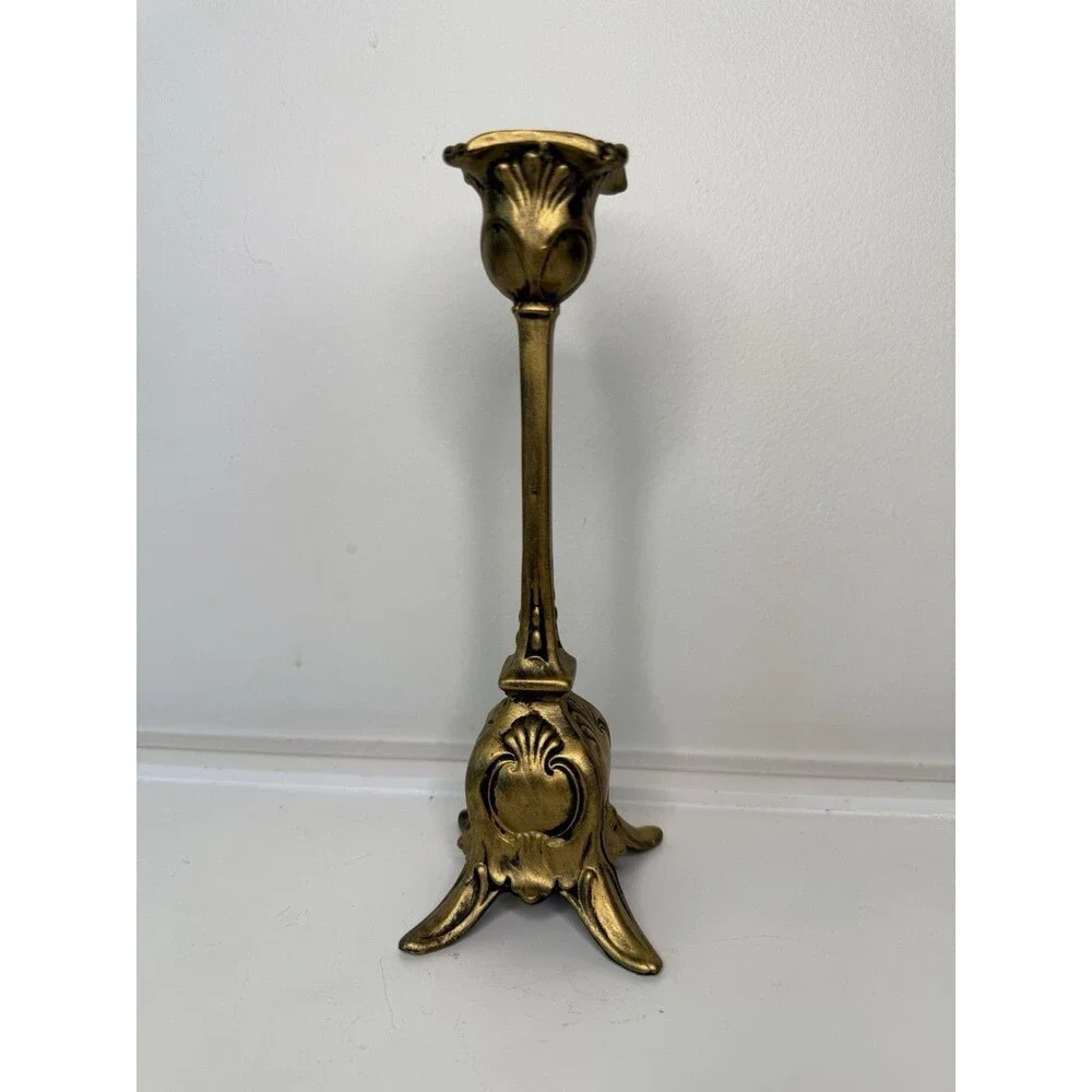 Vintage Gold Tone Ornate Candlestick Holder 8” Hollywood Regency Gothic Decor